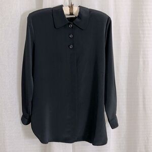 Vintage M Black Collared Long Sleeve Button Front Elegant Blouse